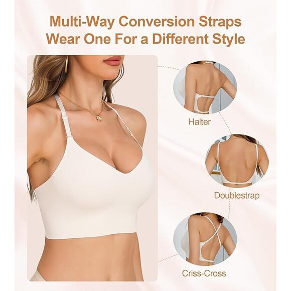 NWT ~ 2 Pack Black & White Seamless Low Back Wireless Halter Bras ~ Women's XXL - Picture 3 of 6